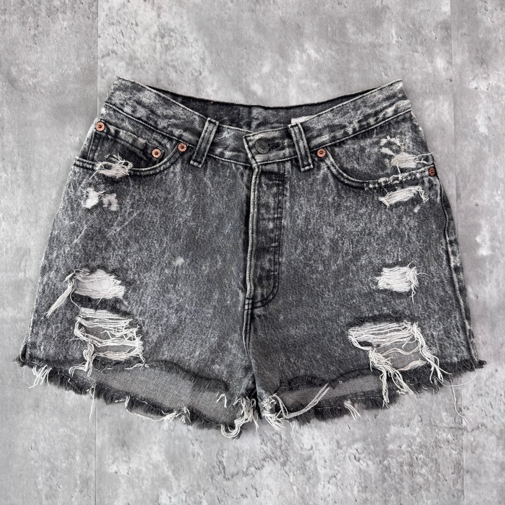 Vintage Levis 501 Shorts Womens 9 Black Button Fly Denim Cut Off Black Acid Wash
